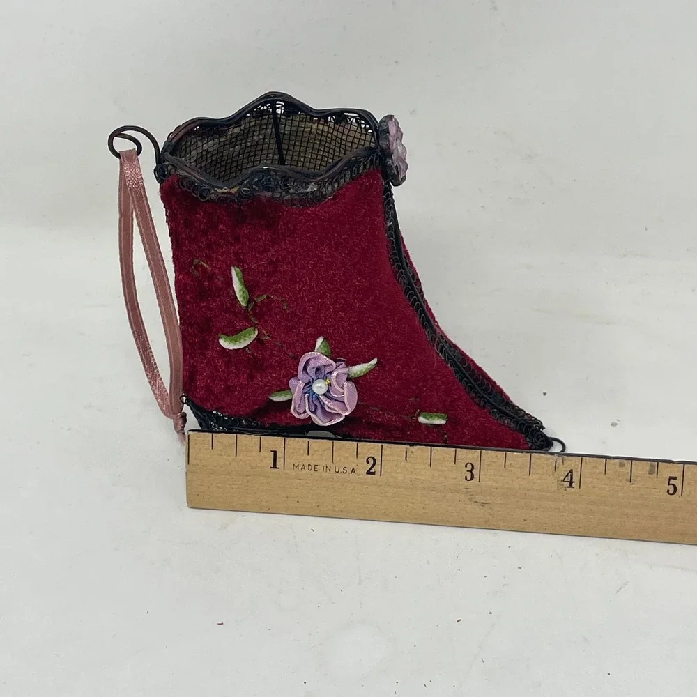 Vintage Victorian Style Burgundy Velvet Wire Mesh Boot Ornament Ribbon Flower